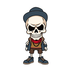 a skull wearing a hat, scarf, and sneakers, with a menacing expression on its face.