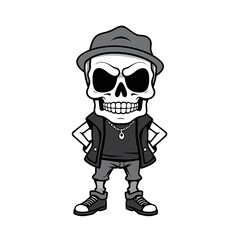 a skull wearing a hat, a leather vest, and sneakers.