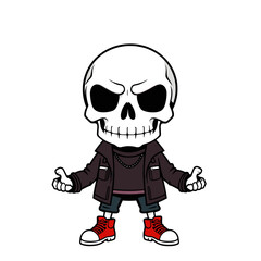 Skull emoji wearing a jacket, red shoes, and a necklace.