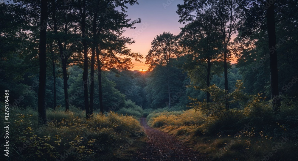 Poster forest in twilight during late summer with soft shadows and leaves rustling