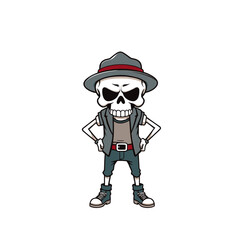 a skull emoji wearing a fedora hat, a gray shirt, and green pants, with a red belt and white shoes.