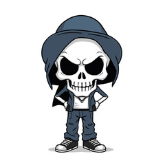a skull emoji wearing a hoodie, jeans, and sneakers.
