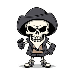 a skull emoji wearing a black hat, leather jacket, and boots, holding a gun in its hand.