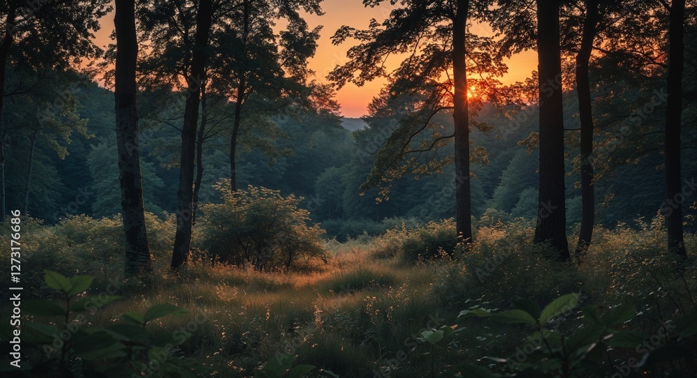 Poster forest in twilight during late summer with soft shadows and leaves rustling