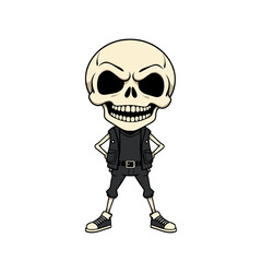 a skull emoji wearing a leather jacket, standing with its hands on its hips and a stern expression on its face.