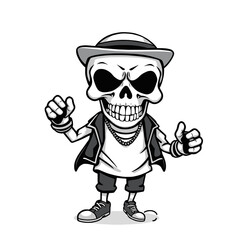 a skull emoji wearing a hat, jacket, and sneakers, with a menacing expression and a thumbs-up gesture.