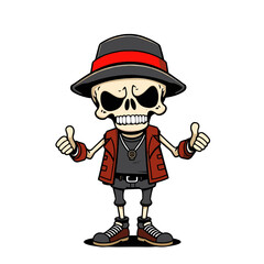 a skull emoji wearing a black hat with a red band, a red jacket, and black shoes.