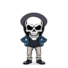 a skull wearing a hat, jacket, and jeans, with a menacing expression.