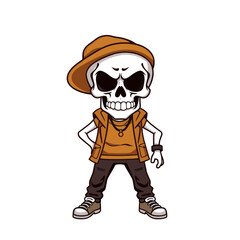 a skull emoji wearing a hat, vest, and sneakers, with a menacing expression on its face.