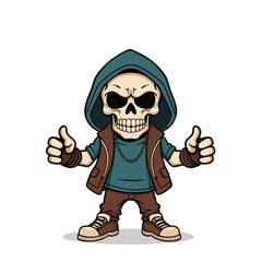 a skull emoji wearing a hoodie, giving a thumbs up gesture, and has a chain around its neck.