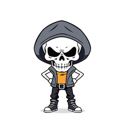 a skull wearing a hoodie, with a stern expression and a belt around its waist.