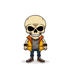 a skull wearing a yellow vest, gray shirt, blue jeans, and brown shoes.