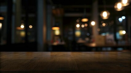 Empty dark wooden table in front of abstract blurred bokeh background of restaurant . can be used for display or montage your products.Mock up for space.