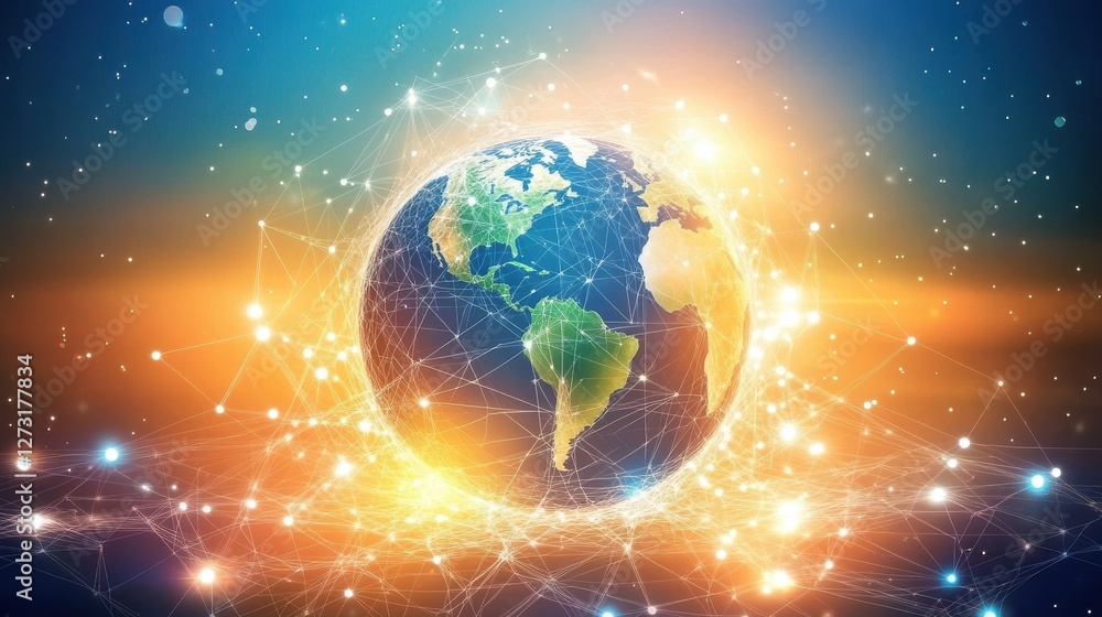 Poster technology image of globe. abstract polygonal shapes. background with connecting dots and lines. gra