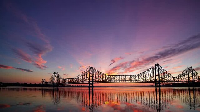 Wide-angle video shot of a bridge at sunset, reflecting on calm water. The sky is painted with pink and purple hues, creating a serene atmosphere.