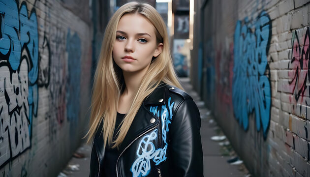 Blonde Woman Posing In Graffiti Alleyway Wearing Leather Jacket - Powered by Adobe
