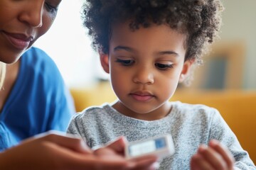 A child learning to use a glucose meter with a caregiver nearby. Featuring support and learning