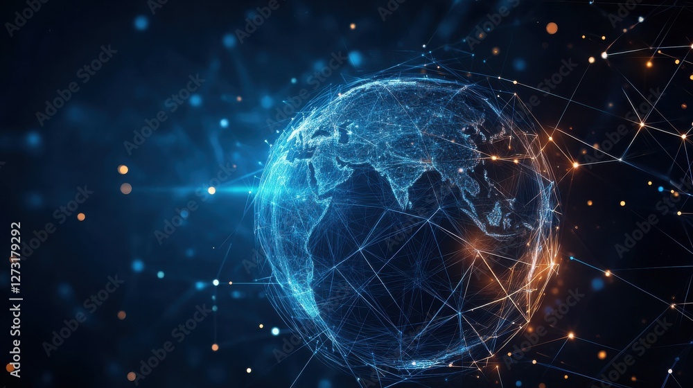 Poster technology image of globe. abstract polygonal shapes. background with connecting dots and lines. gra