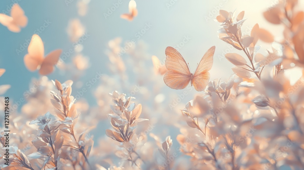 Poster serene spring background with soft pastel colors and subtle elements like butterflies and new leaves