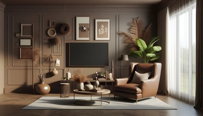 Living room interior in brown mocha mousse 2025 color with brown armchair and decor- 3D rendering
