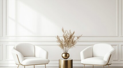 Elegant white chairs, gold side table, pampas grass, sunlit room, interior design