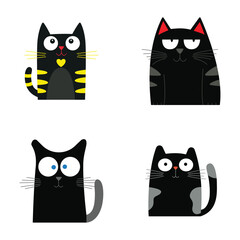 Obraz premium Set of Black Cute Naughty Cat Animal Cartoon Character with Humor Curious Lazy Face