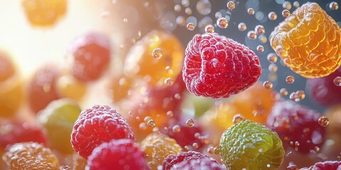 Colorful berries splash in sparkling water, creating a refreshing and vibrant visual of nature's sweetness.