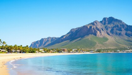 Obraz premium Coastal Paradise Beach Scene With Majestic Mountains