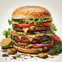 Crispy Homemade Hamburger with Lettuce, Cheese, and Tomato Illustration