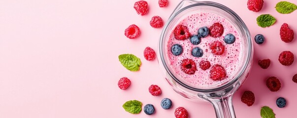 A refreshing smoothie bowl topped with raspberries, blueberries, and mint leaves, set against a pink backdrop.