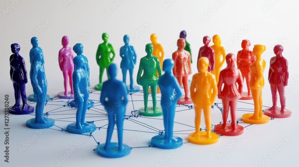Poster abstract network of colorful people icons connected by lines, representing social interactions and c
