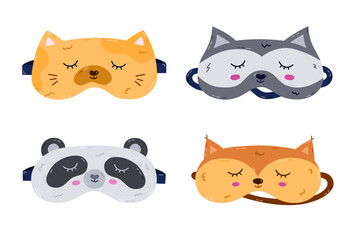 Childish cartoon animal sleeping mask set in the shape of pet head. Funny kids eye mask collection with cat, raccoon, fox, panda head. Hand drawn bedtime accessory isolated on white background