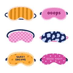 Lovely cartoon sleeping mask set with line, cow pattern, check ornament, Sweet Dreams lettering. Funny hand drawn girlish eye mask for perfect rest. Patterned bedding accessory isolated on white.