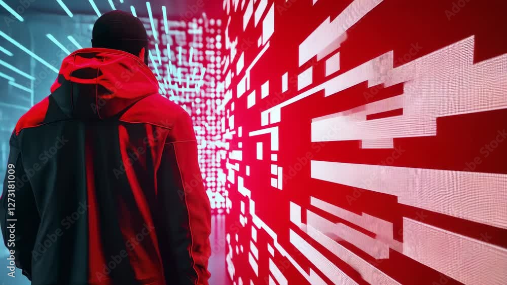 Poster person in red jacket stands in futuristic corridor with glowing blue and red digital patterns creati
