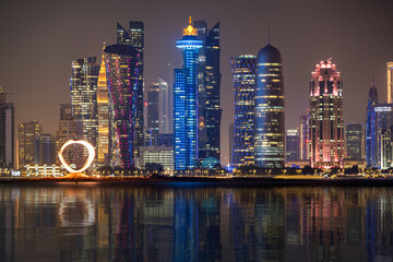 The Panoramic skyline of Doha, Qatar after sunset
