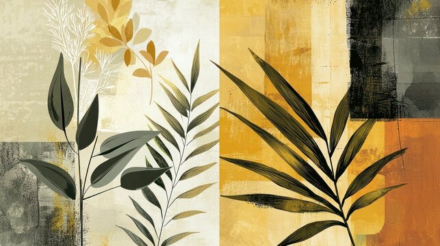 A harmonious diptych of modern botanical prints with abstract leaf patterns, tropical plant elements, and warm earthy colors like olive green, muted mustard, and soft beige.