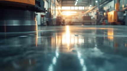 Industrial Factory Floor Reflection: Polished Metal Surface with Machinery