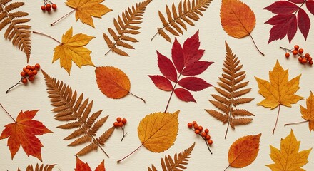 Obraz premium Autumn leaves and berries arranged on light background for seasonal decoration
