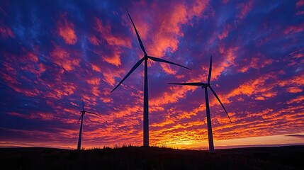 Obraz premium Stunning Wind Turbine Silhouette Against Vibrant Sunset Sky