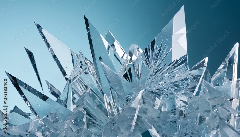 Poster Crystalline Shards Abstract. Ice Crystals Formations with Sharp Edges. Reflective Surfaces and Transparency. Light Play Enhances a Delicate yet Complex Composition. Soft Blue Gradient Background.