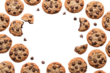 Chocolate chip cookie cookies food biscuits, broken pieces bitten scattered flat lay overhead top view on transparent template cutout, PNG file. Mockup frame for artwork. Wallpaper banner border