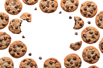Chocolate chip cookie cookies food biscuits, broken pieces bitten scattered flat lay overhead top view on transparent template cutout, PNG file. Mockup frame for artwork. Wallpaper banner border