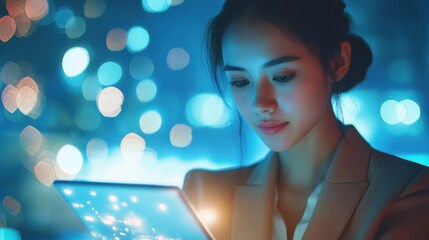 Attractive businesswoman using tablet with creative glowing digital business interface on blurry blue background. Finance, innovation, trade and growth concept
