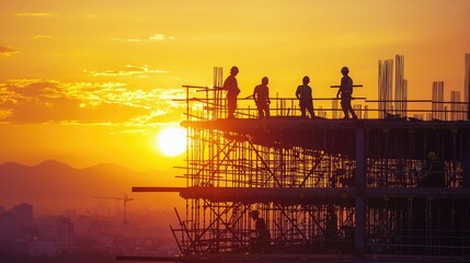 Workers Silhouetted at Construction Site During Sunset