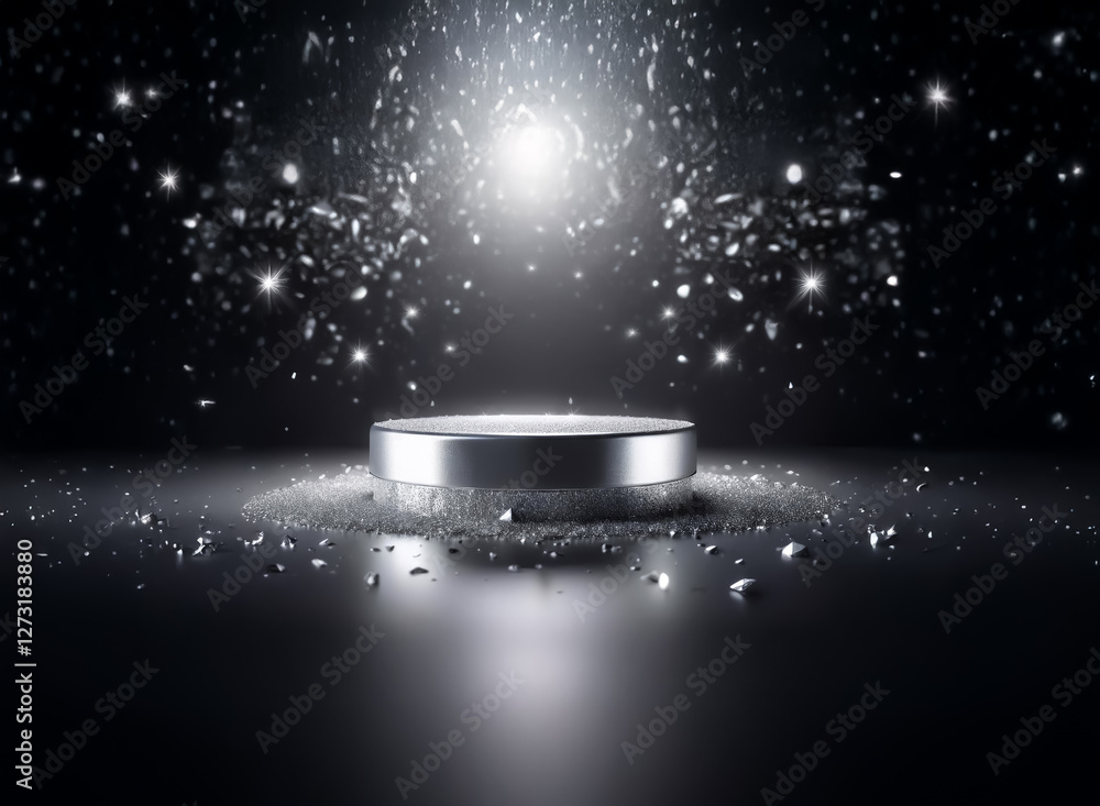 Poster a circular platform is illuminated by a bright spotlight in a dark space with scattered sparkles. th