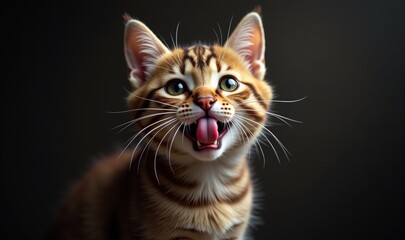 Fototapeta premium Adorable kitten with striking features, playfully sticking out its tongue. Perfect for pet-related projects, marketing, and social media content.