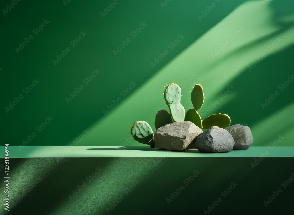 Poster green backdrop with sunlight casting shadows over rocks and a cactus plant on a platform, creating a