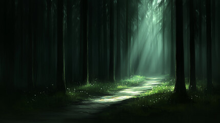 Obraz premium Dark forest path illuminated by soft light breaking through the trees