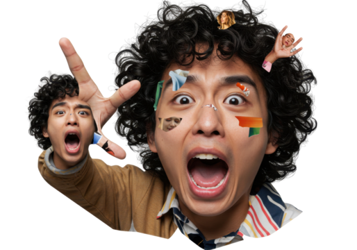 Surprised Man with Collage of Images on Face