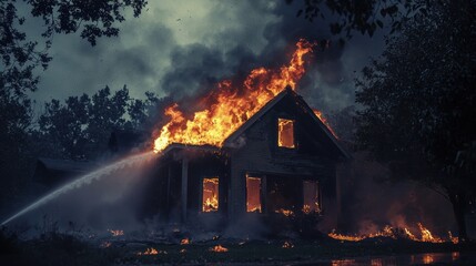 A house on fire due to a lightning strike, with firefighters spraying water to control the flames.